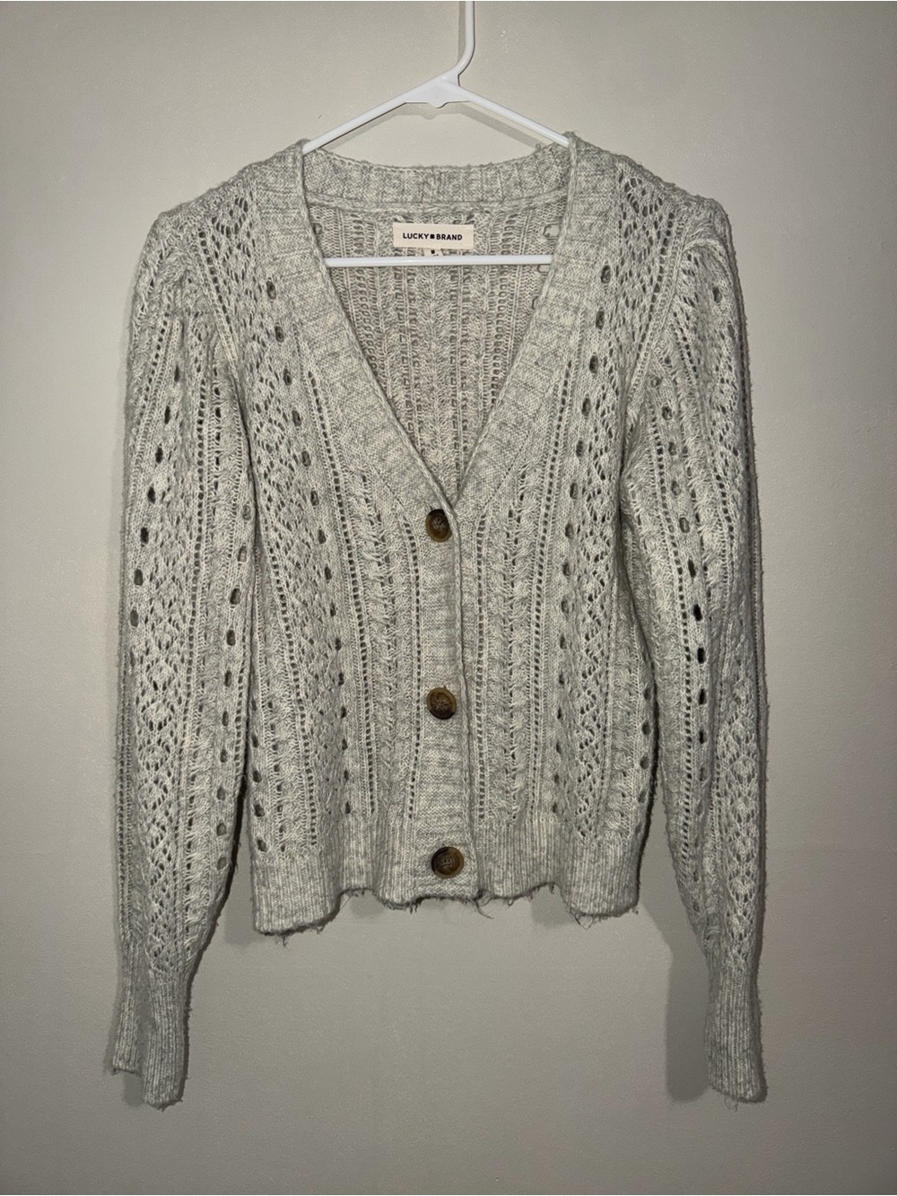 Lucky Brand Women’s Medium Gray Open Knit Button Front Cardigan Sweater